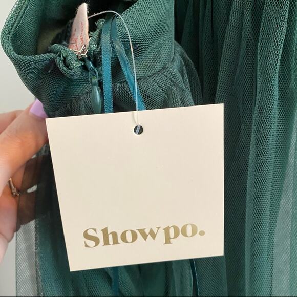 Showpo Women's Like a Vision Emerald Mesh High Slit Spaghetti Strap Gown Size 8 - Picture 9 of 11